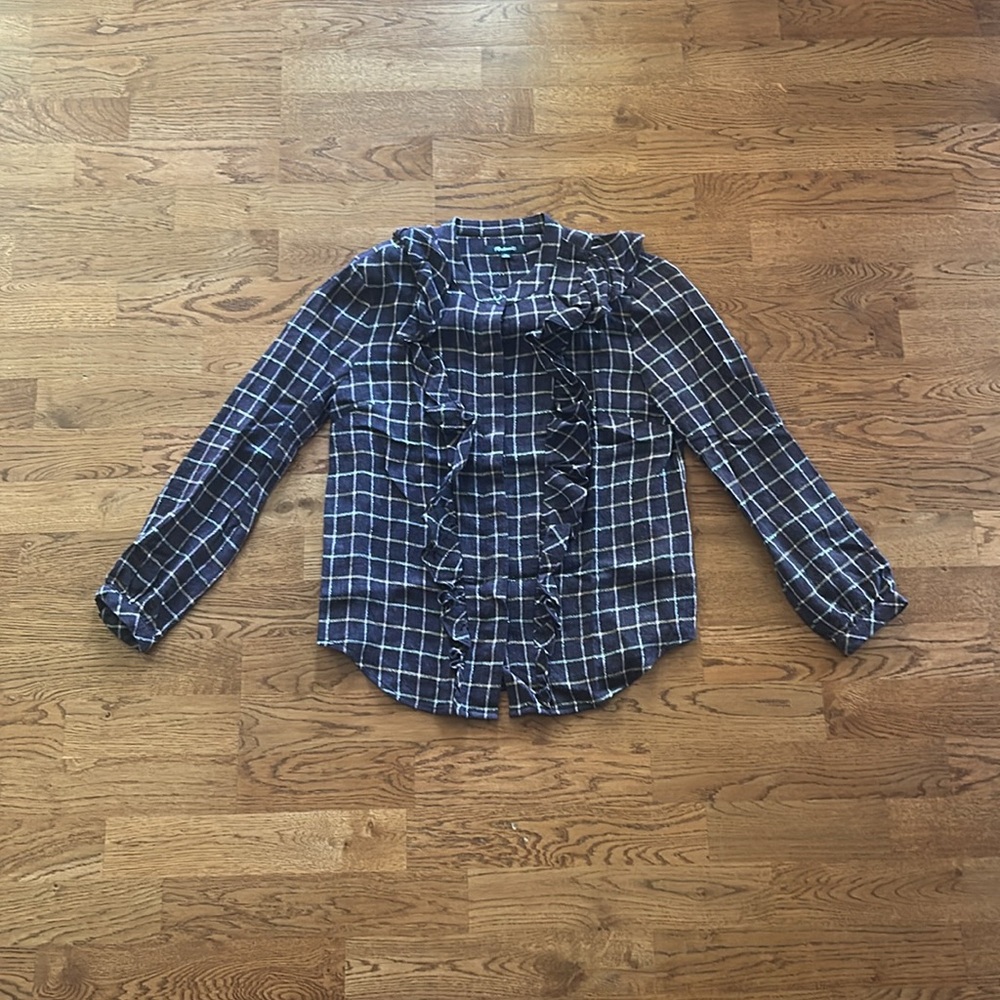 Madewell Women's shirt button down ruffle front purple gold xs Plaid blouse Top